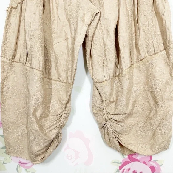 NEW Free People Easy Love Embroidered Pull On Bleached Sand Mid Rise Pants XL